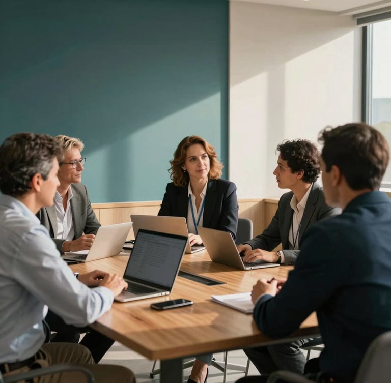 Warm editorial photography of a modern executive classroom in the Canary Islands, mid-career professionals collaborating around a wooden table, soft natural daylight, deep teal shadows and sand tones, professional corporate setting, 35mm.