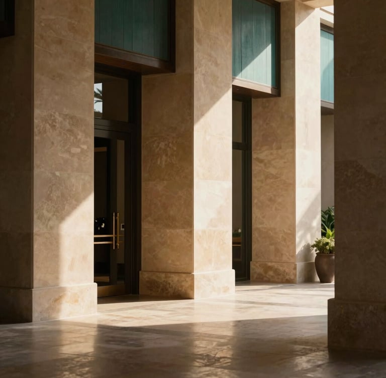 Elegant architectural perspective of a high-end Canary Islands resort lobby, warm afternoon sunlight casting long shadows, minimalist sand-toned stone walls, shallow depth of field, 35mm editorial photography