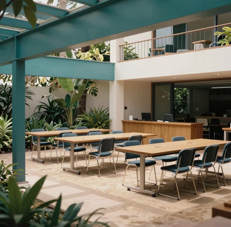 Architectural shot of a modern, open-air executive classroom overlooking a quiet garden in the Canary Islands, bright natural daylight, sand and teal tones, 35mm