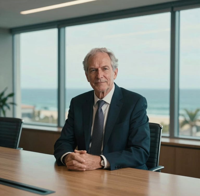 Environmental portrait of a senior tourism executive in a modern architectural boardroom overlooking the ocean, soft natural daylight, deep teal tones, 35mm