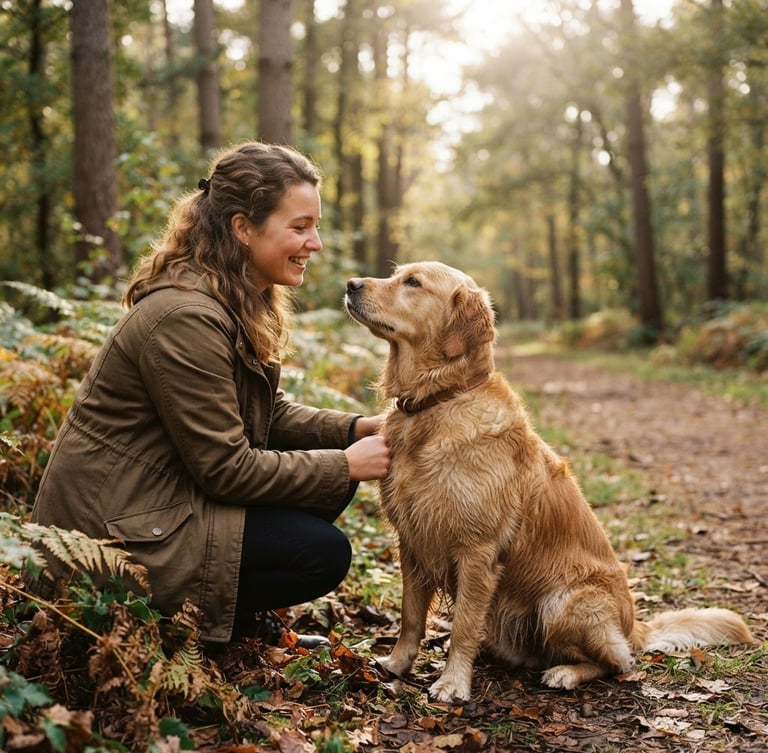 Warm outdoor photography of a golden retriever making calm eye contact with its owner in a sunlit Dutch forest, soft natural daylight, shallow depth of field, 35mm