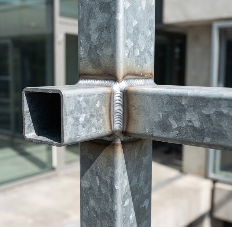 Detailed close-up of a clean weld joint on a galvanized steel frame, bright natural daylight, crisp metallic textures, deep shadows, 35mm lens