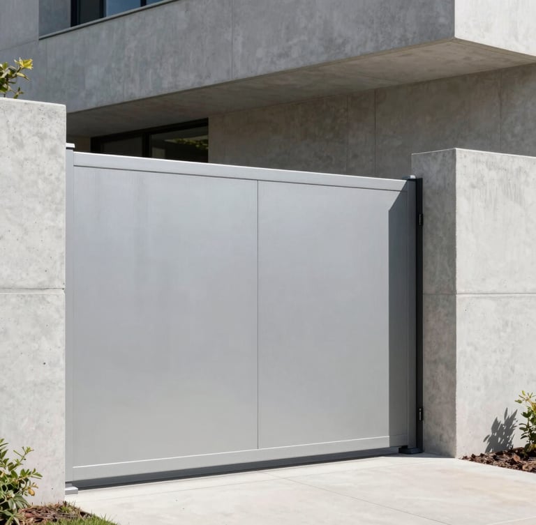 Architectural photography of a modern minimalist automatic gate installed on a contemporary concrete facade, bright natural daylight, deep shadows, 35mm lens