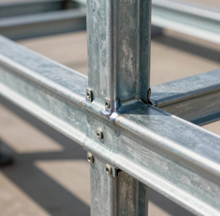 Macro architectural shot of a clean weld joint on a galvanized steel frame, bright natural daylight, crisp metallic textures, 35mm lens