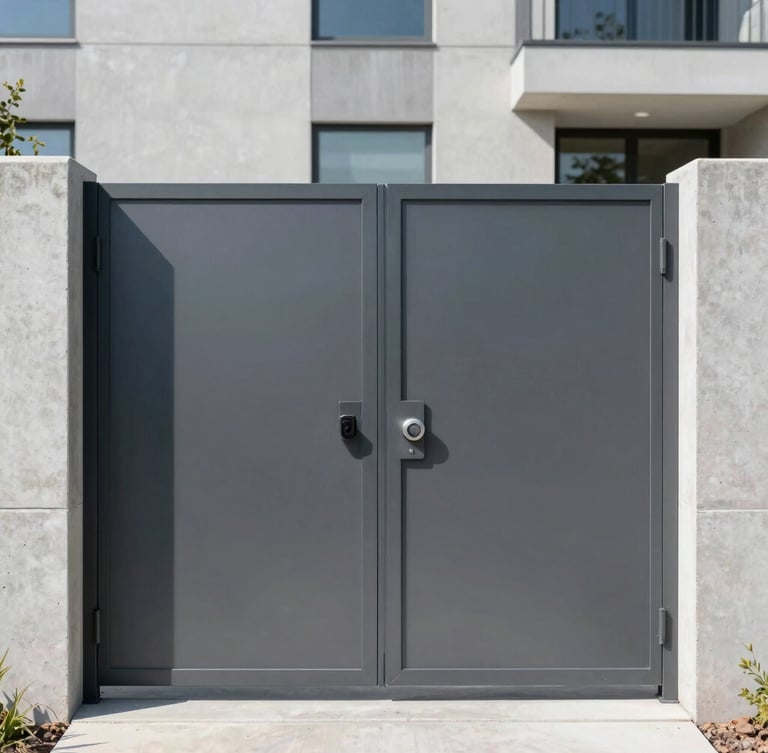 Architectural photography of a modern minimalist automatic dark steel gate installed on a contemporary concrete facade, bright natural daylight, crisp metallic textures, deep shadows, 35mm lens