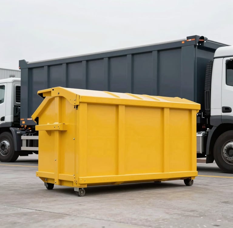 Low-angle heroic shot of a clean yellow steel dumpster placed precisely on clean urban pavement, modern heavy-duty transport truck in background, bright overcast daylight, high-contrast yellow and deep charcoal tones, sharp focus, 35mm
