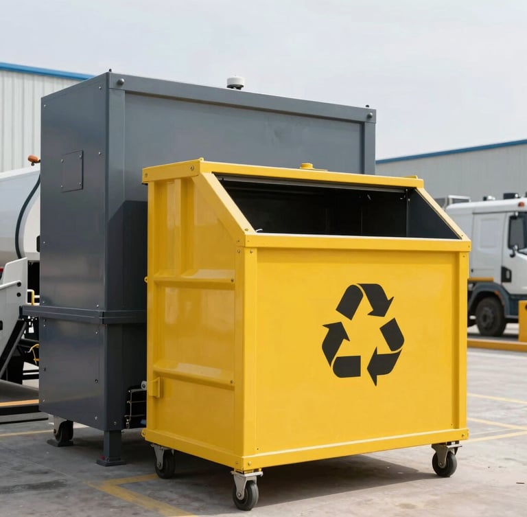 A modern waste separation and recycling facility, clean environment, high-contrast industrial machinery, bright daylight, professional composition, 35mm