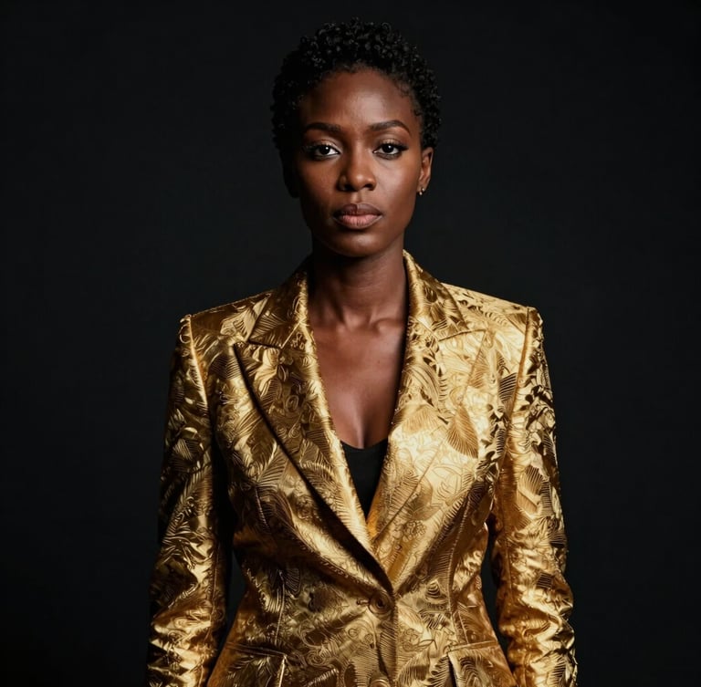 Sharp editorial portrait of an African diaspora female executive in a bespoke structured gold-brocade blazer, dramatic high-contrast studio lighting, deep black negative space, medium format film style