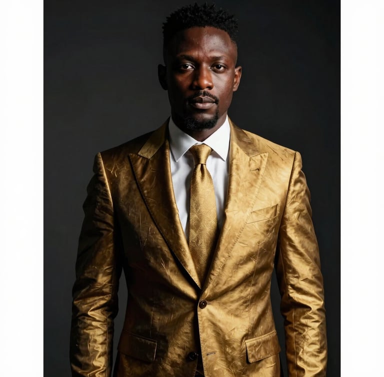 Sharp editorial portrait of an African diaspora professional in bespoke tailoring, high-contrast studio lighting, deep obsidian and rich gold tones, medium format film