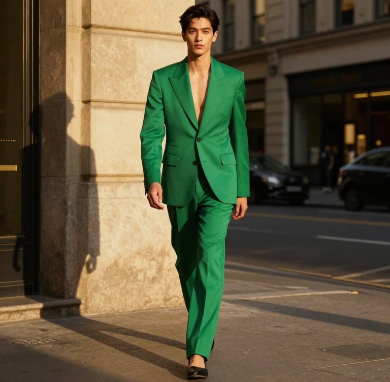 Vibrant high-fashion capture of a Sapology contestant in a sharp emerald green bespoke suit, walking down a clean global city street, dramatic golden hour highlights