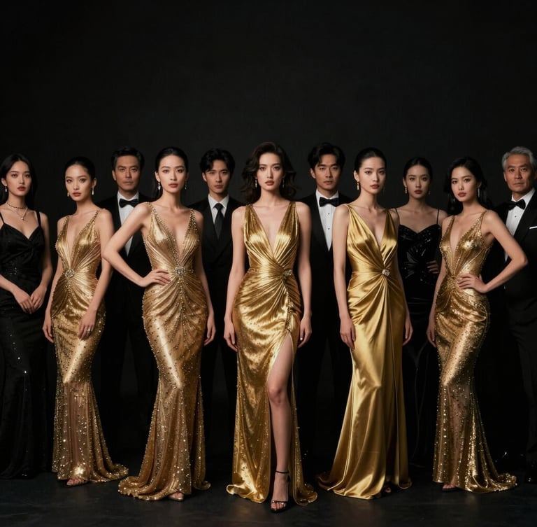 A wide authoritative environmental portrait of guests in luxurious gold and black evening wear at a grand gala, dramatic high-contrast studio lighting, deep shadows.