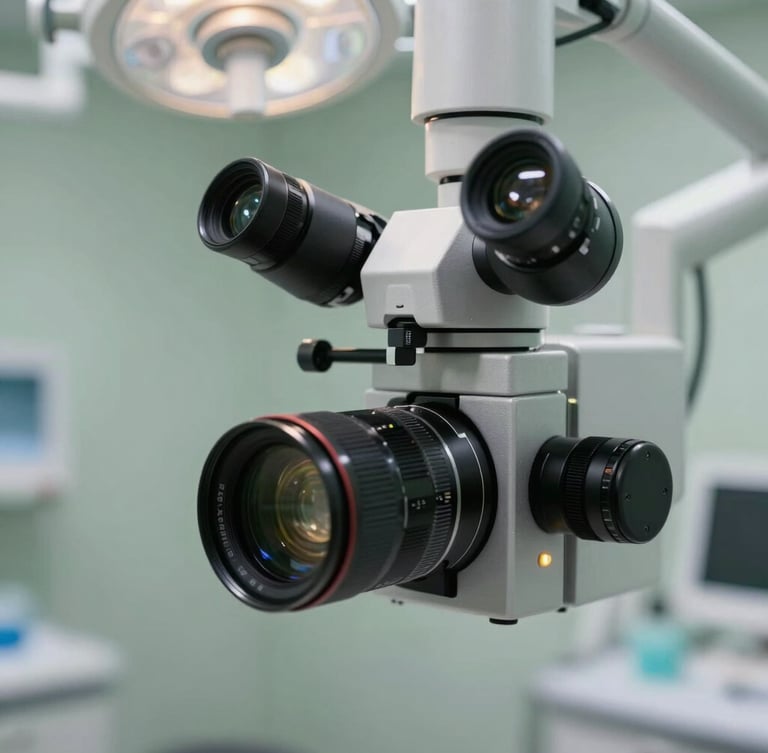 Extreme close-up of a high-tech dental microscope in a serene, softly lit clinical room with sage-green accents, clean clinical light, professional and precise atmosphere