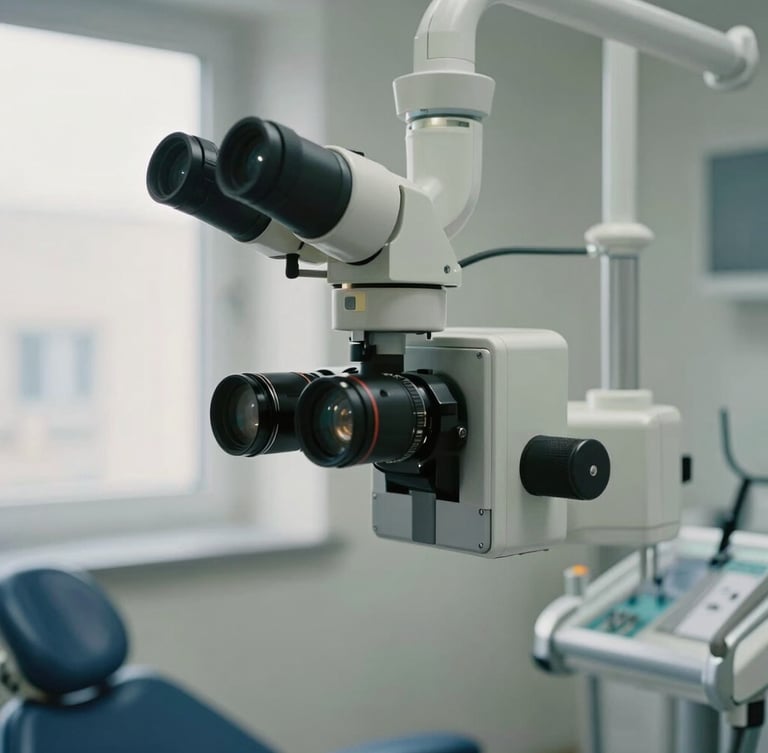 Macro photography of a serene clinical environment, showing a state-of-the-art dental microscope positioned over a treatment chair, soft natural light diffusing from a side window