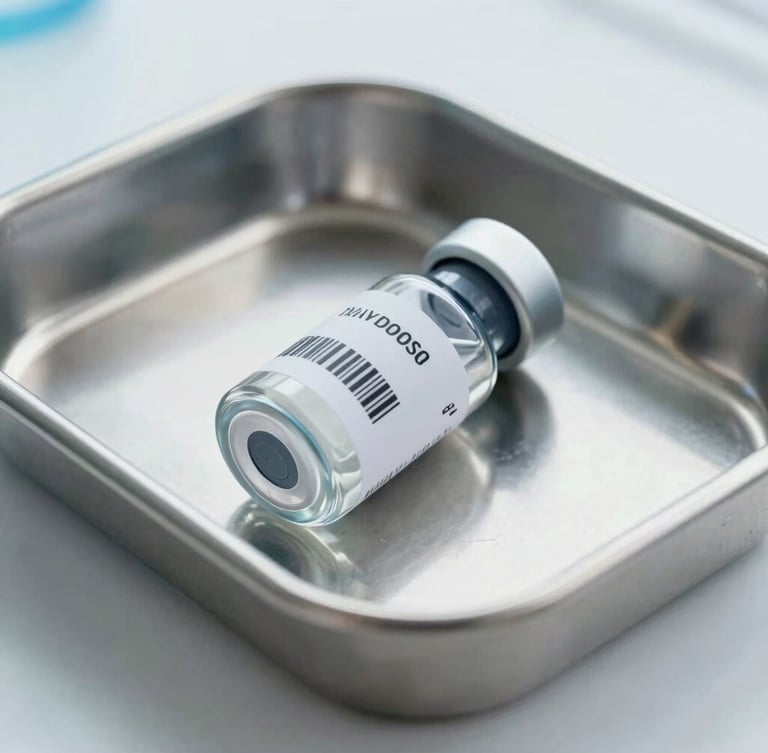 Close-up of a secure medical collection vial with a tamper-evident barcode seal, resting in a sterile steel tray under neutral clinic lighting, 35mm clinical photography.