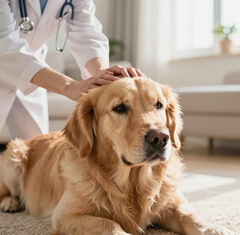 Close-up of a veterinarian's gentle hands petting a calm golden retriever on a soft rug in a sunlit living room, warm editorial photography, shallow depth of field.