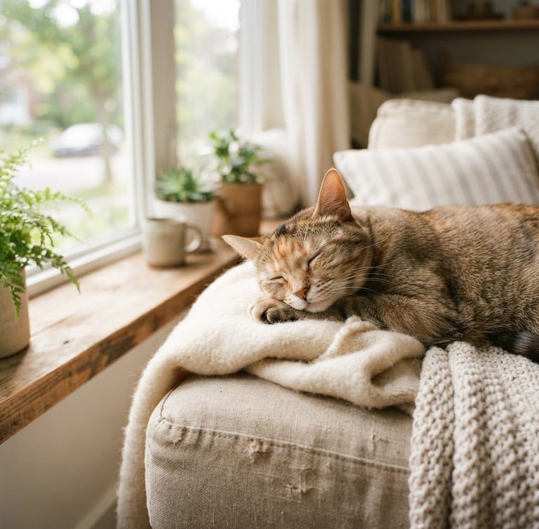 Warm editorial portrait of a calm cat resting on a cozy sofa near a window, soft natural light, shallow depth of field