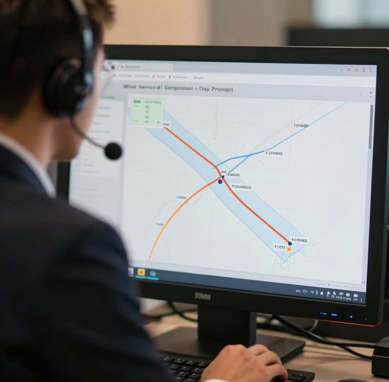 Close-up of a professional dispatcher in a dark tailored suit reviewing route logistics on a clean screen, soft warm lighting, cinematic corporate atmosphere, sharp focus, 35mm