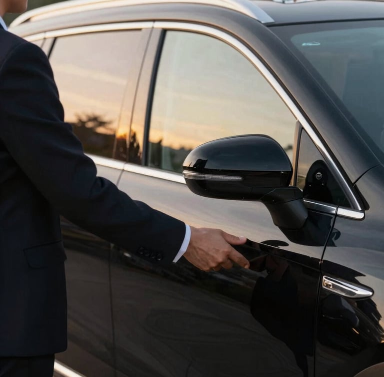 Close-up of a professional chauffeur in a tailored suit holding the door of a pristine black SUV, soft golden hour light reflecting on the vehicle, cinematic corporate photography, 35mm