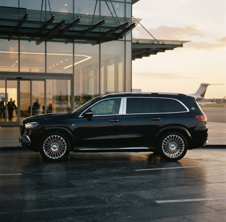 Cinematic side profile of a pristine black executive SUV parked near a modern glass terminal, soft golden hour light reflecting on the polished dark metal, clean and sophisticated composition.