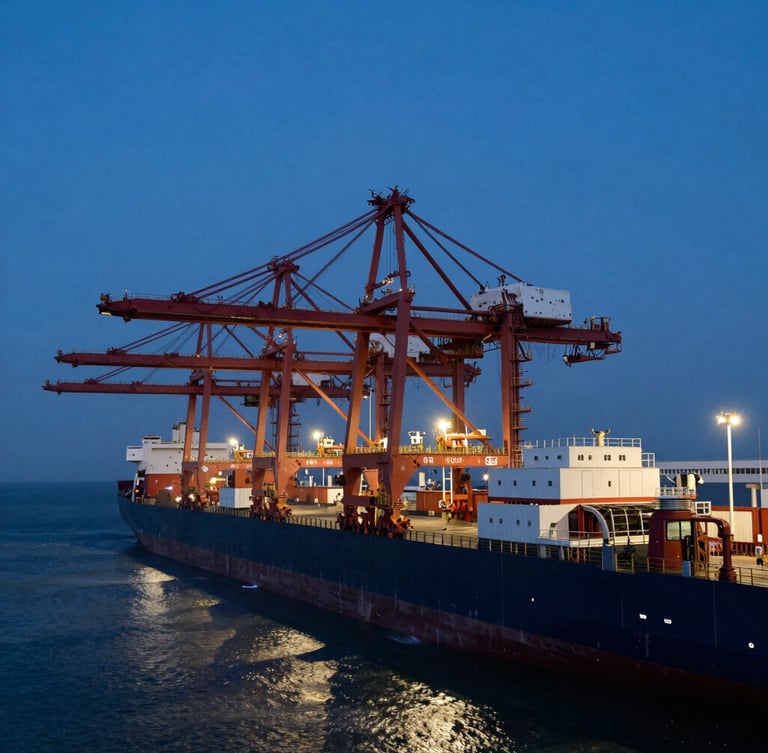 Stark wide-angle of a massive automated deepwater shipping terminal at dusk, cool blue tones, high-contrast shadows, architectural geometry.