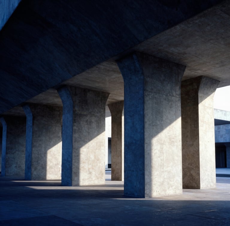 Stark editorial photography of massive architectural geometry, concrete pillars casting deep shadows, cool blue tones, wide-angle lens