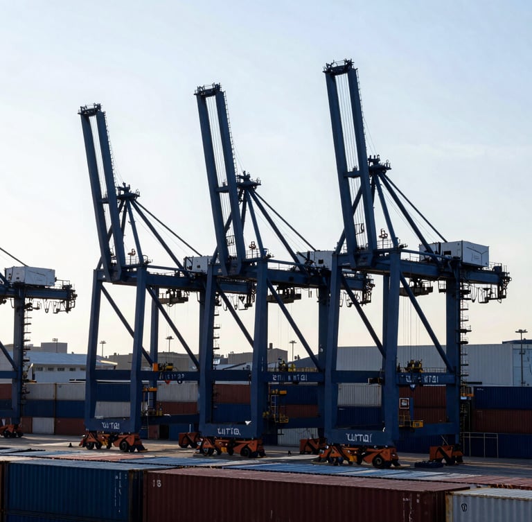 Extreme wide-angle stark editorial photograph of a massive automated container terminal, high-contrast cool blue shadows, towering crane structures silhouetted against a pale sky