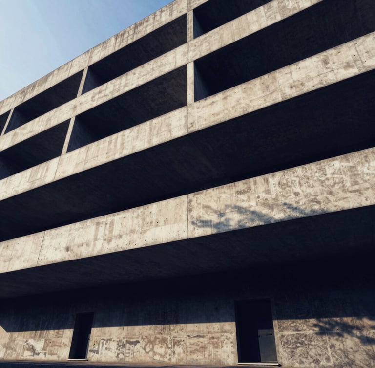 Stark wide-angle architectural crop of brutalist concrete geometry, sharp deep navy shadows, high-contrast cool light, no human figures, sovereign institutional feel.