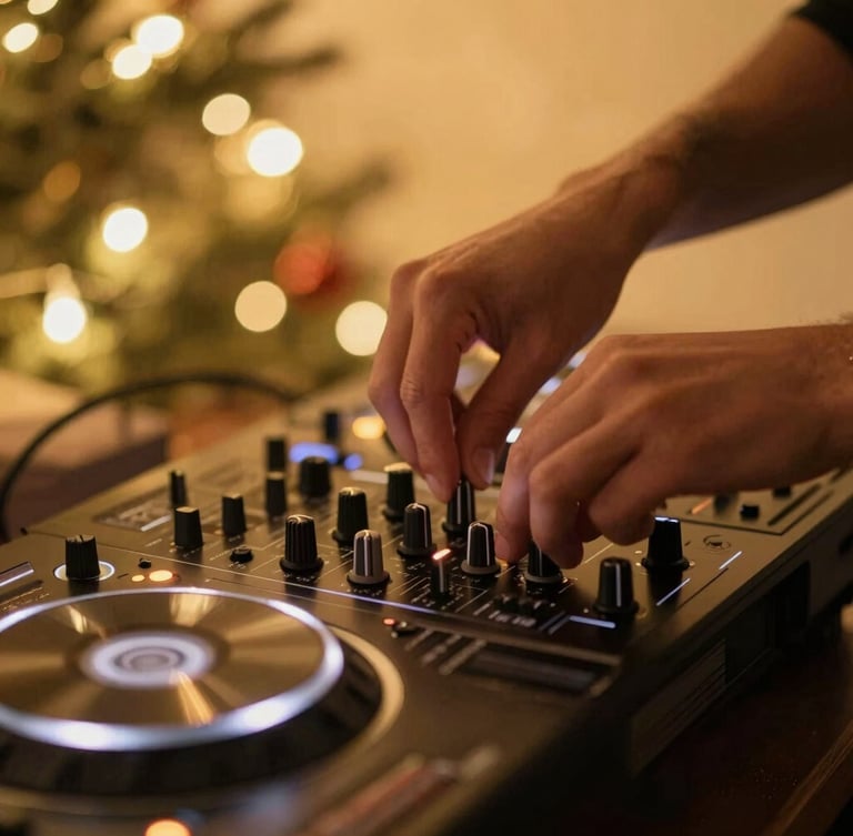 Close-up of professional DJ decks with warm ambient lighting, hands adjusting a knob, blurred background with warm festive string lights, 35mm
