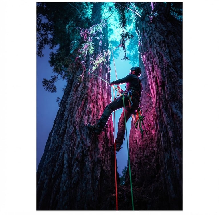 Low-angle twilight photograph of a professional arborist climbing a massive redwood trunk, high-contrast electric cyan and neon magenta backlighting, 35mm.