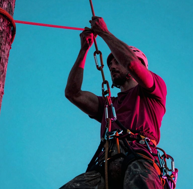 Low-angle heroic shot of a professional tree climber's hands knotting heavy rigging ropes, carabiners and climbing harness visible, high-contrast twilight with cyan ambient fills, 35mm