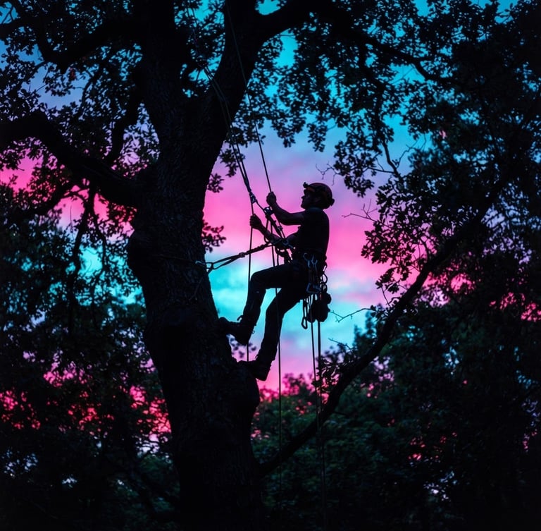Low-angle heroic shot of a professional tree climber silhouetted against a dramatic twilight sky, neon magenta and electric cyan backlighting, rigging ropes and carabiners visible, 35mm photography