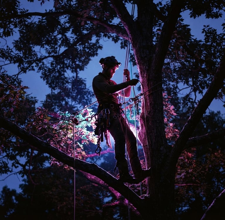 Dramatic twilight portrait of a rugged tree climber silhouetted high in the canopy, neon magenta and electric cyan backlighting, holding rigging ropes, 35mm