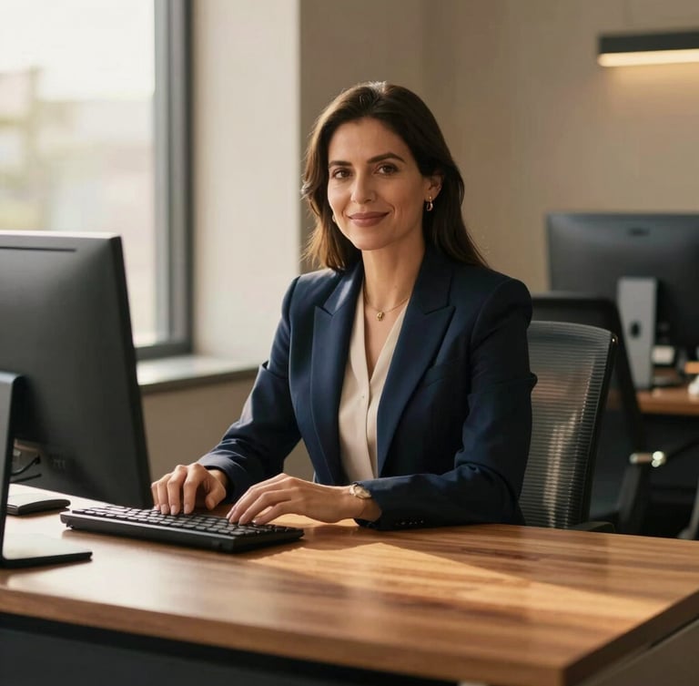 A professional modern Colombian corporate workspace, soft warm window light reflecting on a clean wooden desk, deep navy and gold tones, shallow depth of field