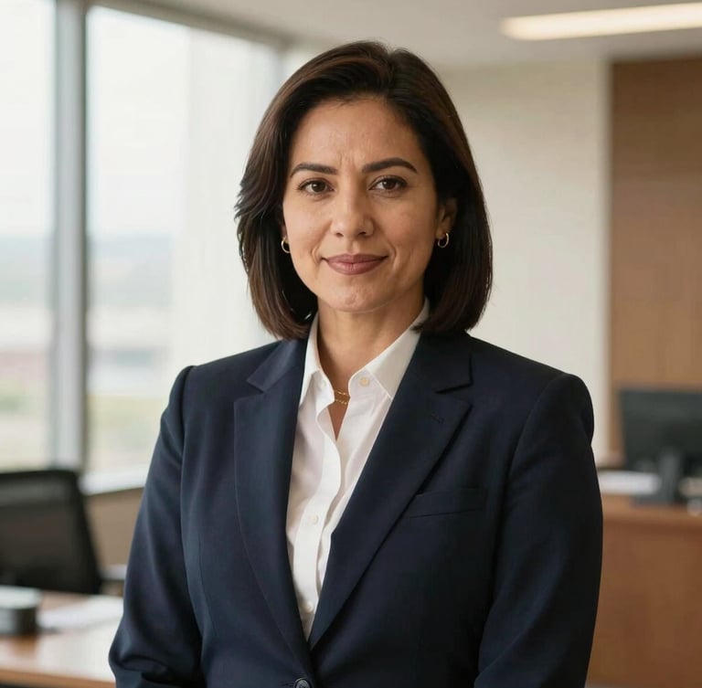 Warm editorial portrait photography of a confident, reassuring lead defense attorney in a dark navy suit, soft natural window light, deep navy and gold tones, shallow depth of field, looking directly at the camera, modern Colombian office background