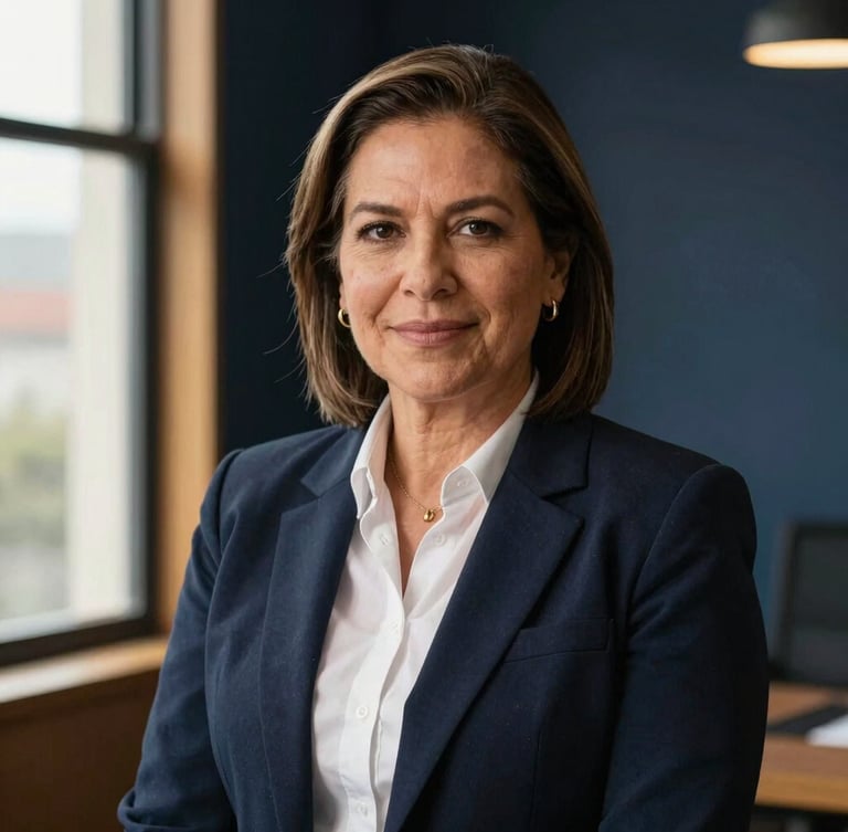 Portrait of a confident Colombian labor lawyer, mid-40s, looking directly at the camera with a reassuring and firm expression, soft warm window light, deep navy background, modern office setting, shallow depth of field.