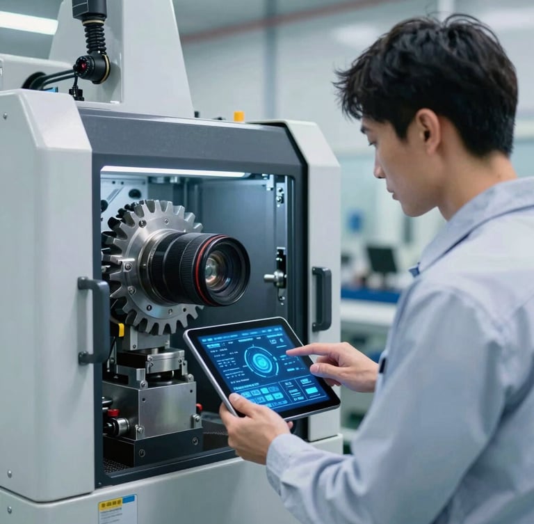 An engineer in high-vis gear analyzing a digital IoT dashboard on a tablet in front of a clean industrial machinery setup, cool blue screen glow, sharp focus, 35mm lens