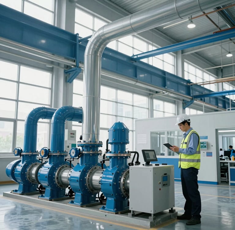 Wide environmental shot of clean modern industrial plant interior, technical blue-toned piping, daylight filtering through windows, professional engineer in high-vis gear working with a tablet.