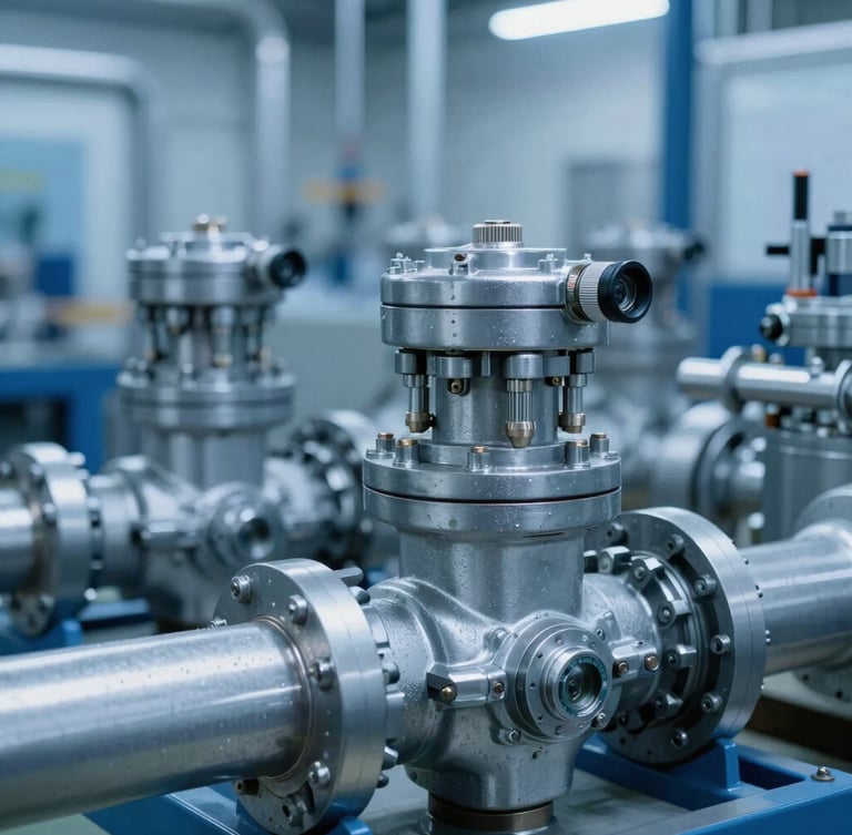 Close-up of industrial air compressor valves and metallic piping, cool blue lighting, sharp focus on mechanical components, 35mm lens.