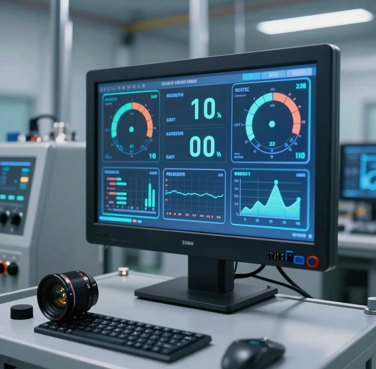 A close-up of a high-tech industrial digital dashboard displaying real-time HVAC telemetry and performance metrics, vibrant blue and teal screen glow, modern clean control room, 35mm lens