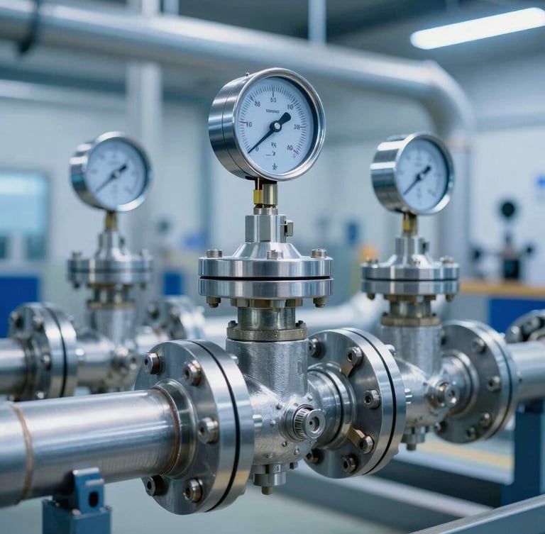 Close-up of industrial HVAC piping valves and metallic gauges in a modern factory setting, cool blue and metallic tones, sharp focus, 35mm lens
