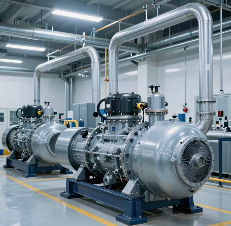 Wide environmental shot of clean industrial compressor installations with technical piping, cool metallic tones, crisp industrial lighting