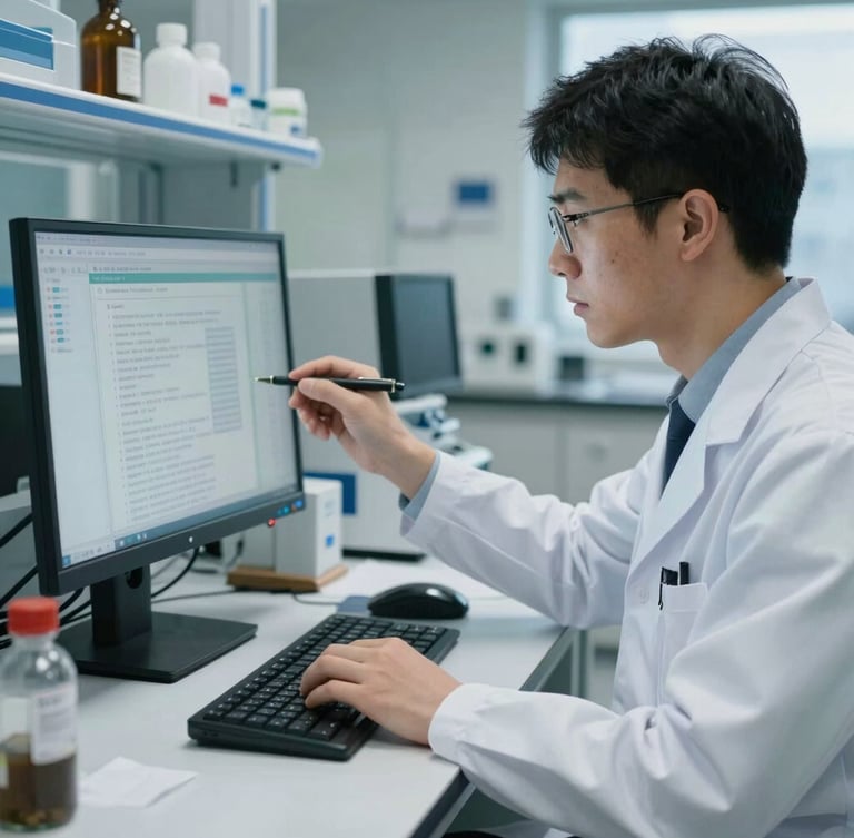 A clinical researcher analyzing medical datasets on a clean monitor in a cool-toned laboratory, natural daylight, professional environment.