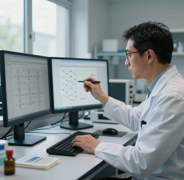 A clinical researcher in a cool-toned NHS laboratory, analyzing algorithmic validation models on a dual-monitor setup, natural daylight from a side window.