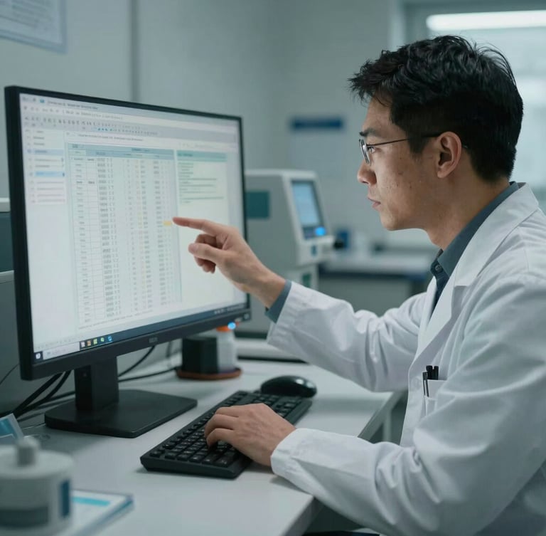 A clinical researcher in cool-toned natural light analyzing medical data on a standard monitor, medium shot, Essex clinical setting.