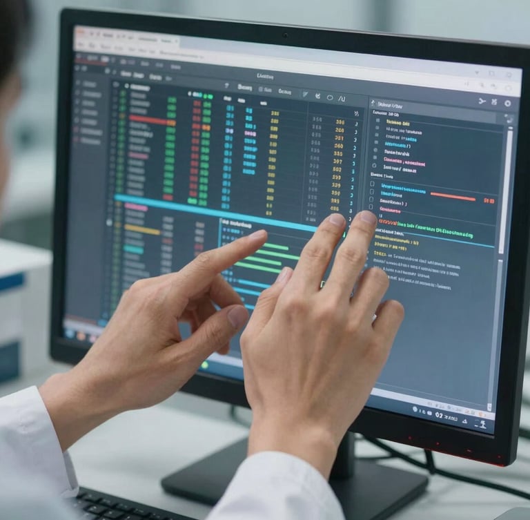 Close-up of a clinical researcher's hands adjusting data visualizations on a high-resolution monitor, cool natural daylight, precise and focused.