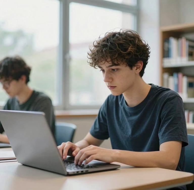 A student looking at a laptop in a bright, modern library in Germany, soft window light, candid, shallow depth of field, cool-toned 35mm.