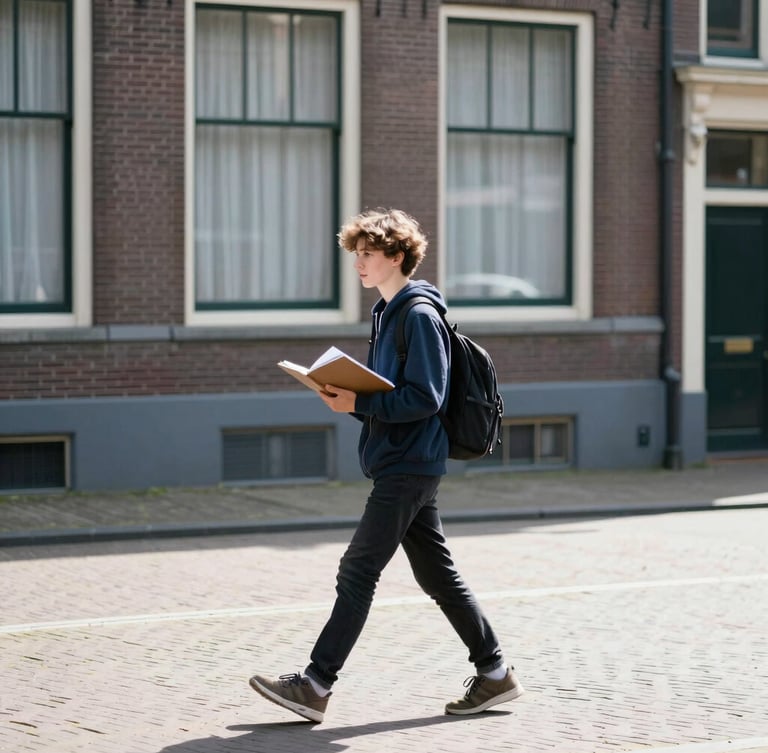 A student walking through a historic campus in the Netherlands, carrying a notebook, bright natural daylight, cool tones, candid 35mm.