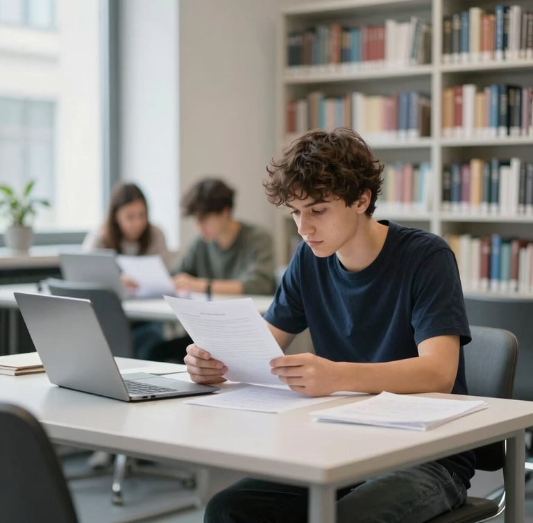 A focused student analyzing documents on a clean white desk in a modern Berlin library, soft natural daylight, cool-toned European atmosphere, shallow depth of field, 35mm