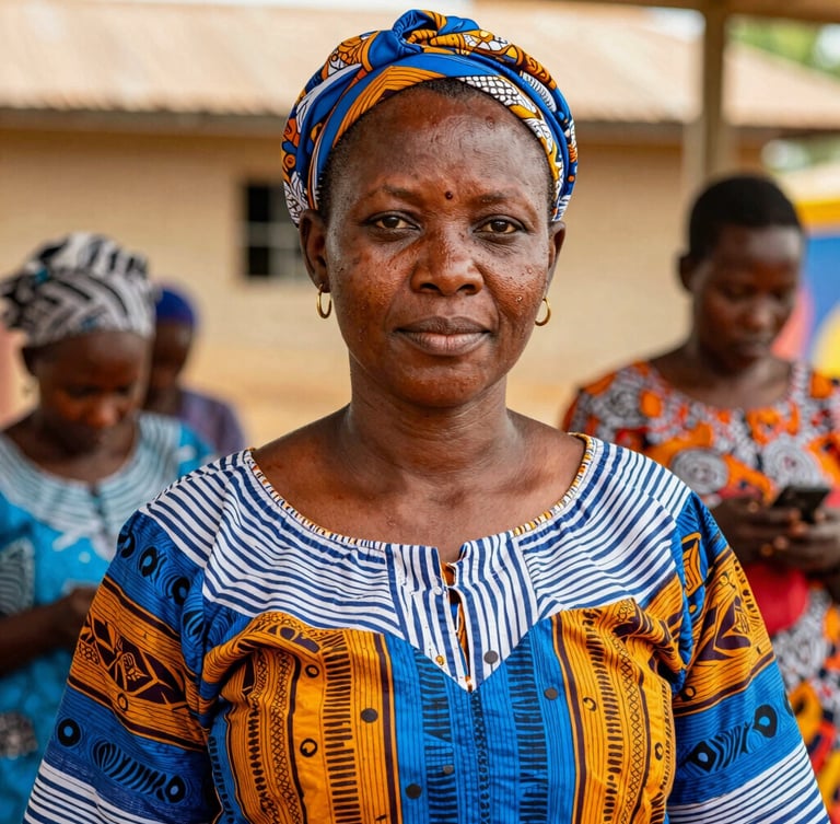 Portrait direct et digne d'une leader communautaire de l'ONG Avenir Femme à Maroua, vêtue d'un pagne coloré, regard confiant vers l'objectif, lumière naturelle du Nord-Cameroun, arrière-plan flou d'un atelier de formation.
