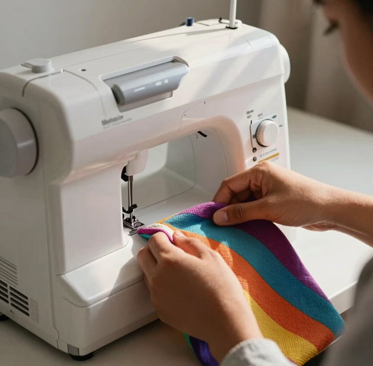 Gros plan sur les mains d'une étudiante guidant un tissu coloré sous l'aiguille d'une machine à coudre moderne, lumière dorée du matin à Maroua.